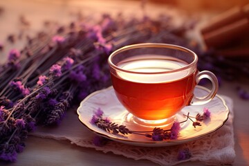 Obraz na płótnie Canvas Tranquil tea time with a transparent cup of herbal tea with lavender sprigs. Aromatic relaxation scene with vintage vibes. Springtime still life with warm lighting. Design for banner, background