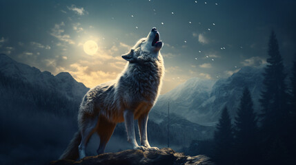 Wolf howling over the full moon