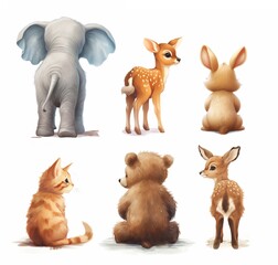 A collection of animals drawn from behind a fawn, a rabbit, a cat, an elephant, a bear cub isolated on white hand drawn style kid illustration