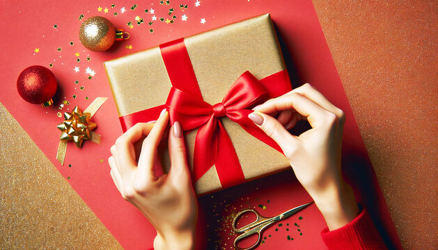 Mains féminines attachant un arc sur une boîte cadeau avec un ruban rouge sur fond de vin. Concept d'un cadeau pour les vacances, anniversaire, Noël Mise à plat, vue de dessus