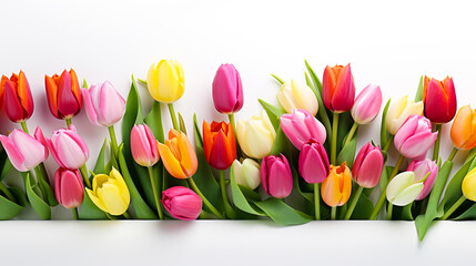 Colorful tulips isolated on white background, green leaves. Plant variety. For art texture, presentation design or web design and web background.
