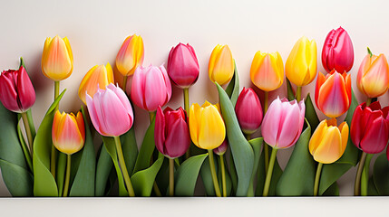 Colorful tulips isolated on white background, green leaves. Plant variety. For art texture, presentation design or web design and web background.