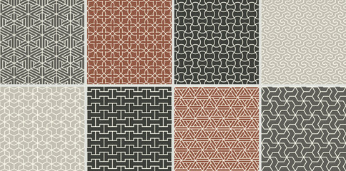 Collection of seamless ornamental vector patterns. Color oriental symmetry vintage elegant backgrounds. Geometric tile mosaic design. Grid textures - decorative outline prints - obrazy, fototapety, plakaty