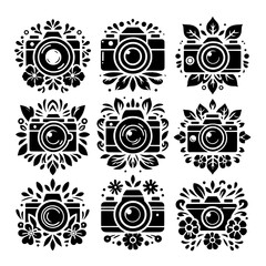 set of camera and flower icon bundle logo designs