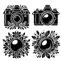 set of camera and flower icon bundle logo designs