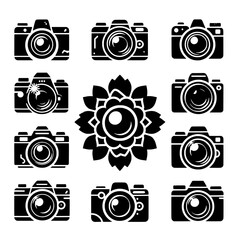 set of camera and flower icon bundle logo designs