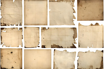 set : collection of vintage and antique stained ripped paper scraps or pieces isolated against a...
