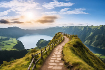 Mountain landscape with hiking trail and view of beautiful lakes Ponta Delgada, Sao Miguel Island, Azores, Portugal. - obrazy, fototapety, plakaty