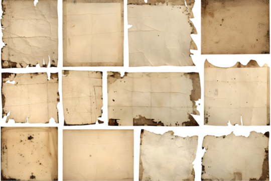 set : collection of vintage and antique stained ripped paper scraps or pieces isolated against a transparent background, ideal for digital collage designs or base for text, grungy desi. Generative AI.