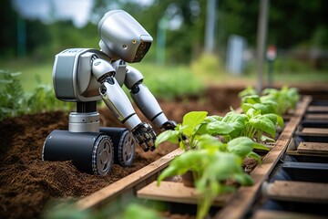 Future Harvest High-Tech Agricultural Robot Cultivates Garden Bed with Precision Tools, Fusing Robotics and Sustainable Farming Practices.. created with Generative AI