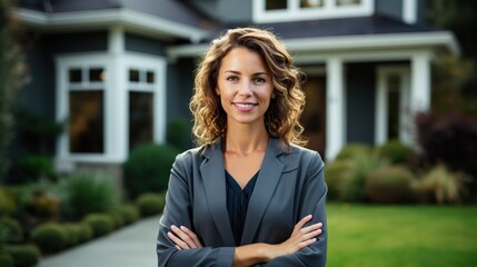 Empowered Real Estate Professional Showcasing Expertise and Warmth Outside Contemporary Home, Eager to Guide Your Dream Investment Journey. created with Generative AI