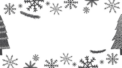 Winter banner with snowflakes and pine. Winter frame with snowflakes and pine. Black and white winter banner. Black and white winter frame. 