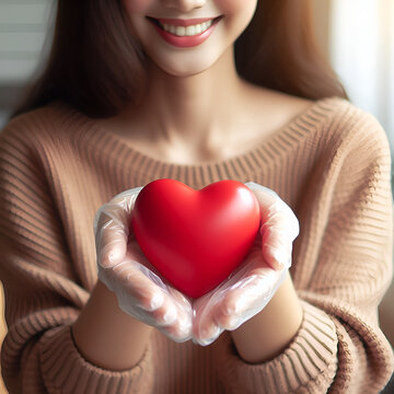 one young woman in medical gloves holds a red heart in her closed palms and smiles. World Health Day, a day of health, saving lives and protecting love