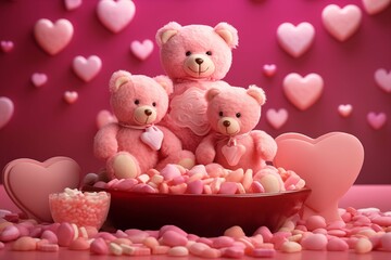 Obraz premium Three teddy bears on a romantic pink background with hearts and sweet marshmallows, a cute illustration of a family of teddy bears for Valentine's day.
