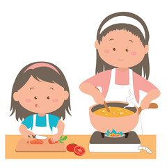 Clipart of a young mother cooking meal together with daughter isolated on white background for greeting card, sticker, printing textile, etc. Happy Mother’s Day. Vector file