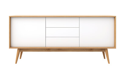 Scandinavian-inspired sideboard with white doors, wooden frame, offering sleek and minimalist look ideal for modern homes, on transparent background. Cut out furniture. Front view