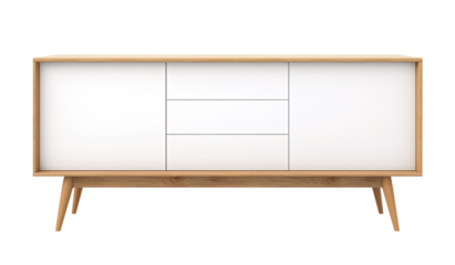 Scandinavian-inspired sideboard with white doors, wooden frame, offering sleek and minimalist look ideal for modern homes, on transparent background. Cut out furniture. Front view