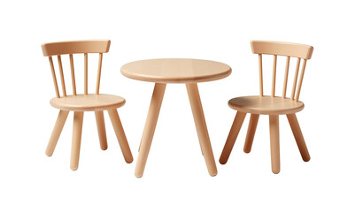 Kids table and chairs set in wood, ideal for playtime, crafts, or snack time in child-friendly space. On transparent background. Cut out children's room furniture. Front view