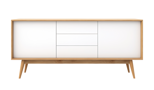 Scandinavian-inspired sideboard with white doors, wooden frame, offering sleek and minimalist look ideal for modern homes, on transparent background. Cut out furniture. Front view
