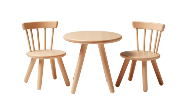 Kids table and chairs set in wood, ideal for playtime, crafts, or snack time in child-friendly space. On transparent background. Cut out children's room furniture. Front view