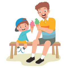 Clipart of a young father sitting on a bench and eating ice cream with son isolated on white background for greeting card, sticker, printing textile, etc. Happy Father’s Day. Vector file