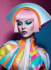 A beautiful albino female pop artist all pastel sleek futuristic outfit, with huge headpiece center piece, clean makeup, with depth of field, fantastical edgy and regal themed outfit, captured in vivi