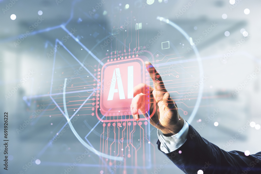 Poster double exposure of businessman hand working with creative artificial intelligence abbreviation holog