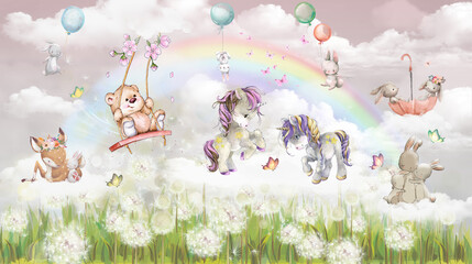 Fairy Tale, Unicorns, Rainbow Wallpaper mural for kids, nursery wall decor, bear, cute flying animals, fairy, butterfly, blossom, cartoon landscape, horse  - obrazy, fototapety, plakaty