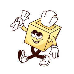 Groovy tissue paper box cartoon character with folded napkins. Funny yellow container of soft toilet towel walking, retro cartoon tissue mascot for sick nose, sticker of 70s 80s vector illustration