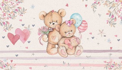 Teddy Bears, Pink Illustration, watercolor illustration. cartoon animal, wallpaper mural, kids decor, nursery wall, 