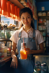 Young woman standing behind a counter filled with fruit drinks and fresh juice in healthy store.