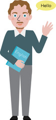英語の教科書を持って英語で挨拶をしているスーツ姿の欧米人男性教師