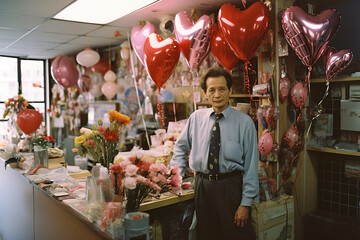 A man standing in front of many heart shaped balloons in shop for flowers and decoration.