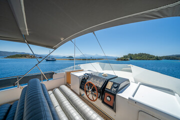 Luxury yacht interior comfortable cabin expensive wooden design for holiday recreation tourism or travel and vacation concept
