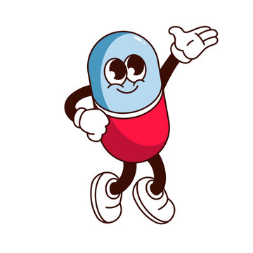 recommend clip art: Groovy pill cartoon character with happy face. Funny capsule of vitamin, antibiotic or painkiller pill walking. Retro medicine and pharmacy cartoon mascot, sticker of 70s 80s vector illustration
