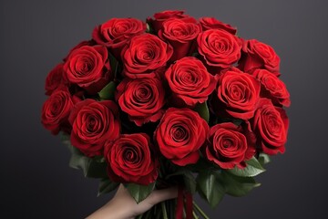 Male hand holding bouquet of fresh red roses