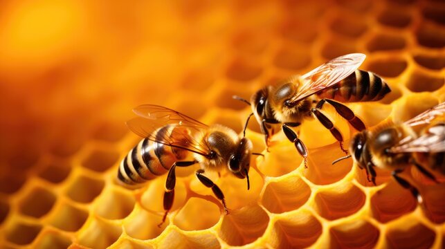 High resolution close-up photo, bees on honeycomb
