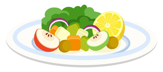 Vitamin salad. A plate of food. Diet dish. Cooking. Gastronomy. Cartoon, simple, flat template. Vector. Close-up. Can be used for web design, recipes, menus, illustrations.
