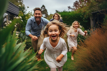 A man and two children running through a garden. Happy family is playing in the backyard. - obrazy, fototapety, plakaty