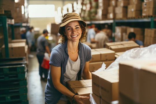 Woman volunteer in humanitarian working in a warehouse filled with lots of donated products.