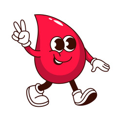 Groovy blood drop cartoon character with V fingers. Funny healthy red droplet walking with peace and love sign to donate blood, retro cartoon donation mascot, sticker of 70s 80s vector illustration - obrazy, fototapety, plakaty