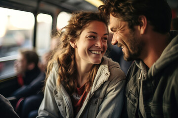 A man and a woman sitting on a bus and showing love between each other. - obrazy, fototapety, plakaty