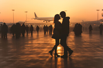 A couple kissing in front of an airplane. Many people around the plane at sunset.
