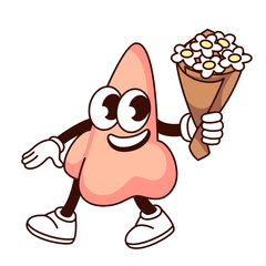 Groovy nose cartoon character with flowers. Funny healthy human olfactory system organ walking, holding bouquet to smell scent. Retro nose cartoon mascot, sticker of 70s 80s vector illustration