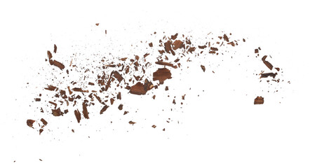 Rotten, old wood pieces and dust, scattered crushed tree bark isolated on white 
