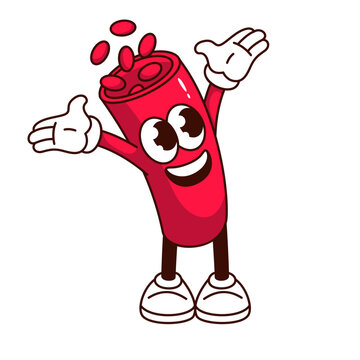 Groovy artery with blood cells cartoon character. Funny blood vessel with hands up and happy expression, retro human cardiovascular system cartoon mascot, sticker of 70s 80s vector illustration