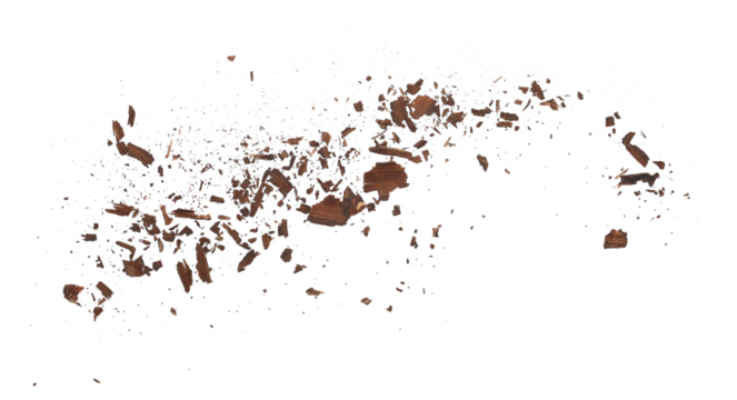 Rotten, old wood pieces and dust, scattered crushed tree bark isolated on white 
