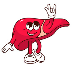 Groovy liver cartoon character with rock horns fingers. Funny healthy internal organ of digestive system, cheerful retro liver cartoon mascot, hepatology sticker of 70s 80s vector illustration