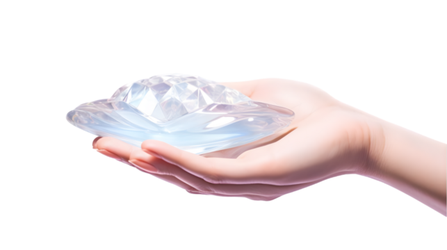 Small crystal slipper on a woman's hand isolated on white background. Generative AI.