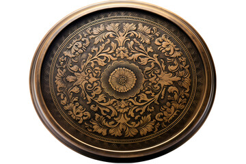 small vintage : antique metal tin with brass colored ornate oriental style floral pattern, isolated Steampunk design element, top view. Generative AI.